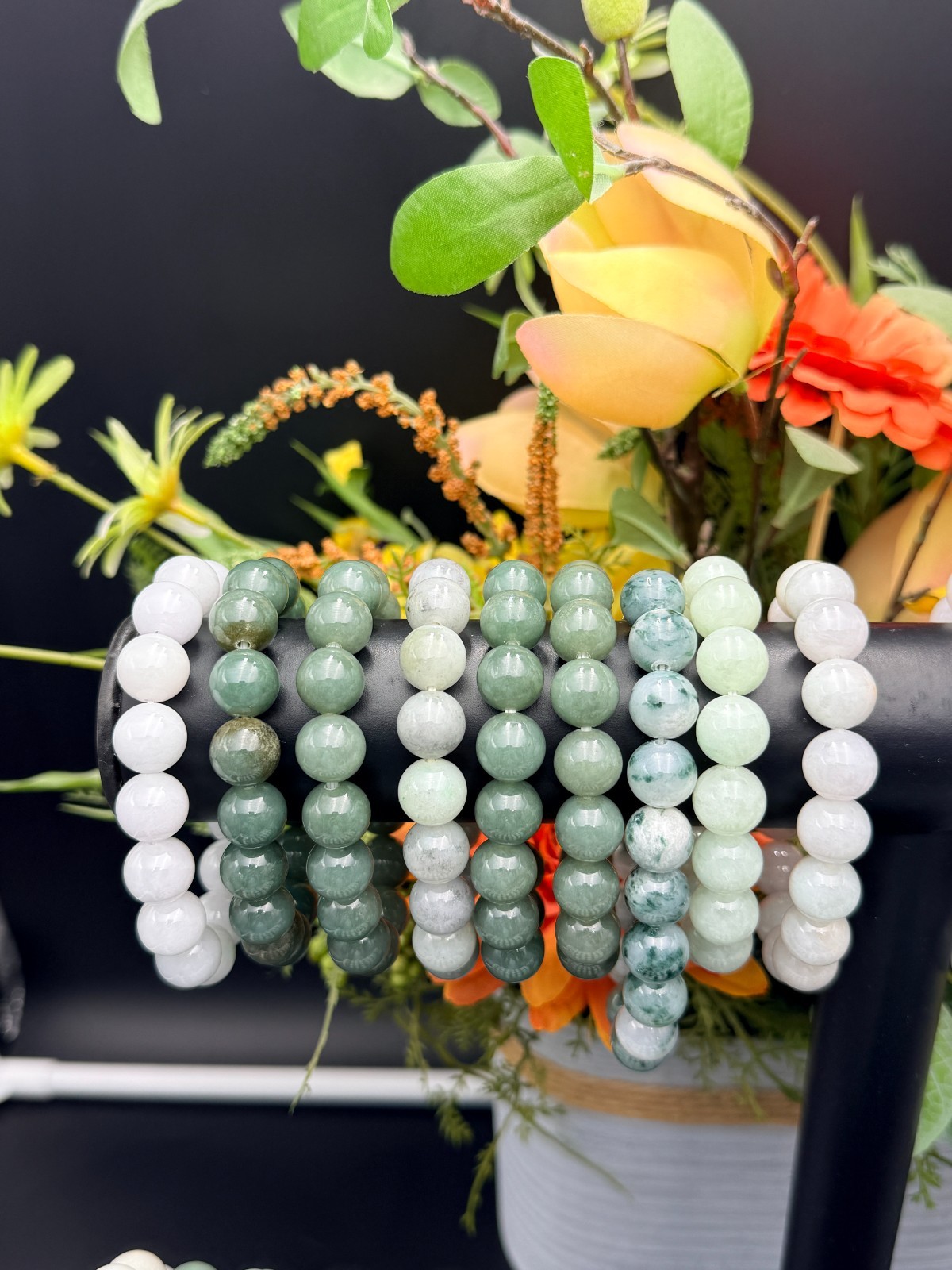 Certified Natural Grade A Jadeite Jade Beaded Bracelet Green 12.2 mm #100191