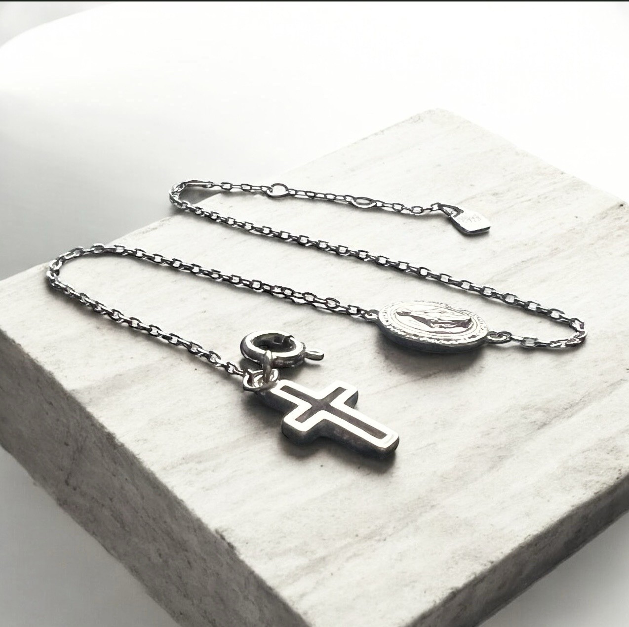 Miraculous Medal Bracelet Sterling 925 Silver + Cross Charm Adjusts 13 – 16cm