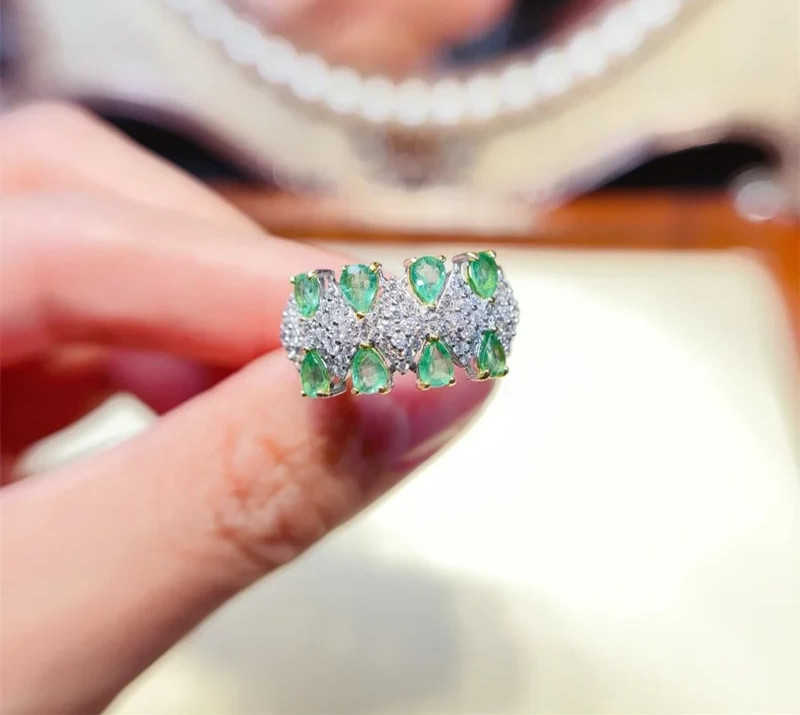 Natural Emerald Double Layer Band Ring 3x4mm 925 Sterling Silver with Platinum