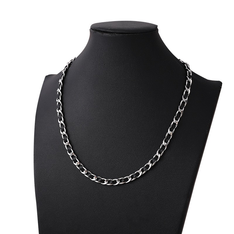 Black Leather Silver Cuban Jewelry Set Minimalist Necklace Bracelet Matching