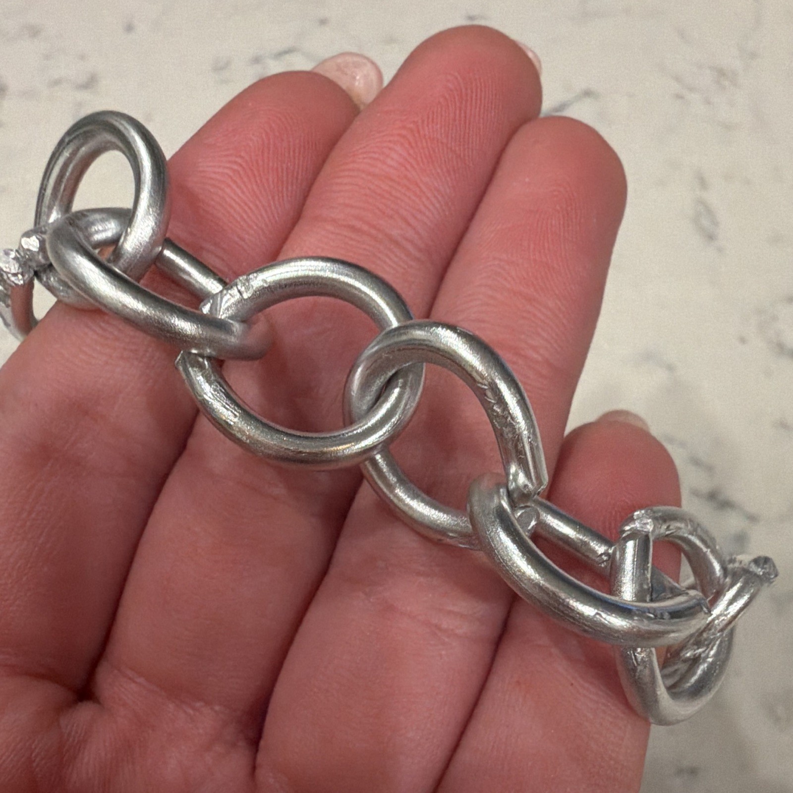 Silver Tone Oval Link Chain Bracelet w/ Purple Round Crystal Bead