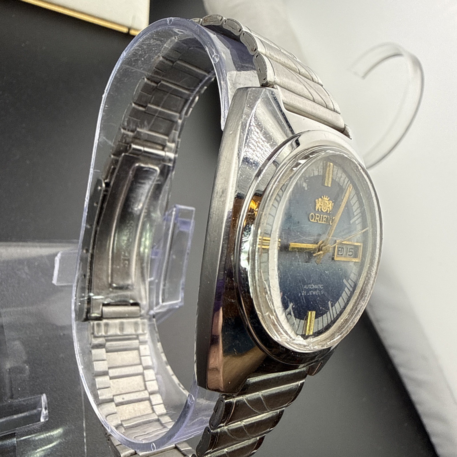 Vintage Men’sOrient Automatic Watch 38mm Gold Tone Blue Dial 21 Jewels Day Date