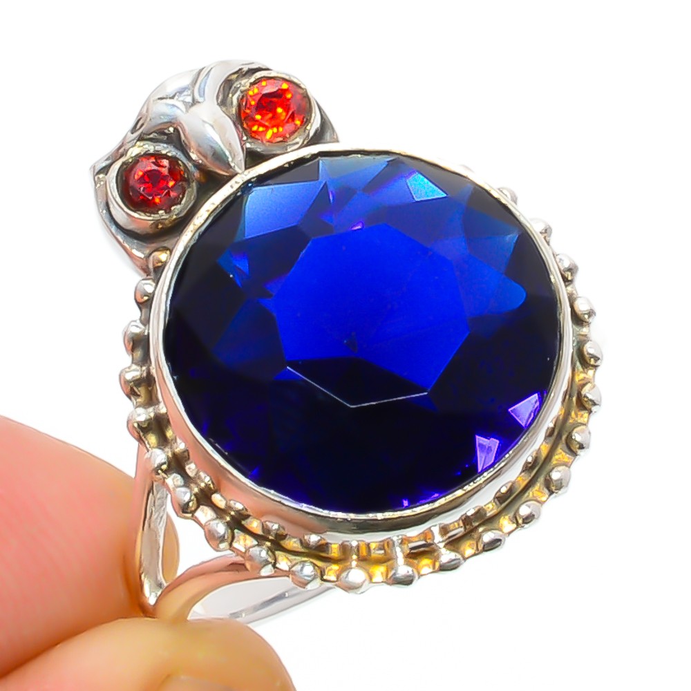 Owl – Blue Sapphire & Garnet (Lab-Created) Handmade Silver Plated Ring s.8 S191