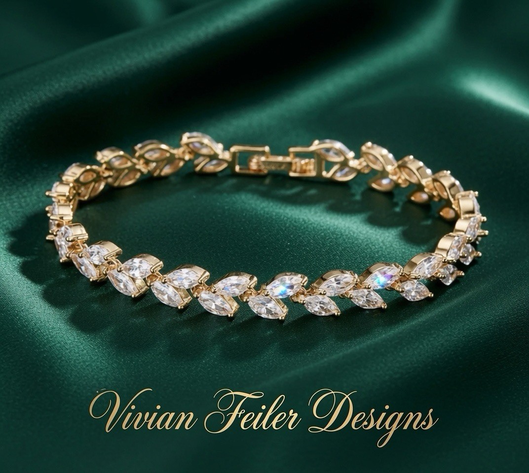 Bridal Tennis Bracelet Wedding Marquis Cut Leaf Vine CZ Silver, Gold, Rose Gold
