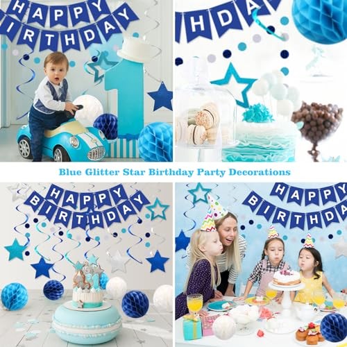 Birthday Decorations, Happy Birthday Banner with Honeycomb Balls, Stars Blue
