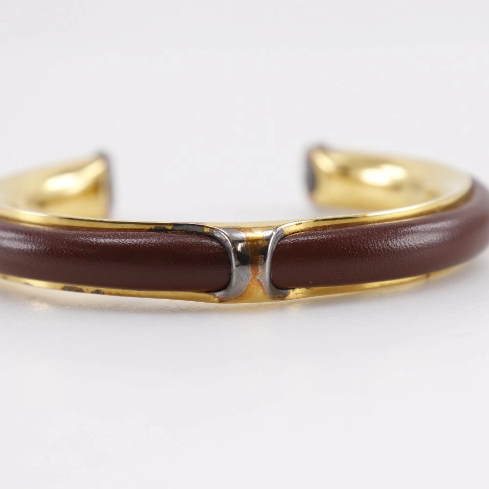 HERMES Bangle GPlated x Leather Brown Approx. 36.3g Ladies Authentic From Japan