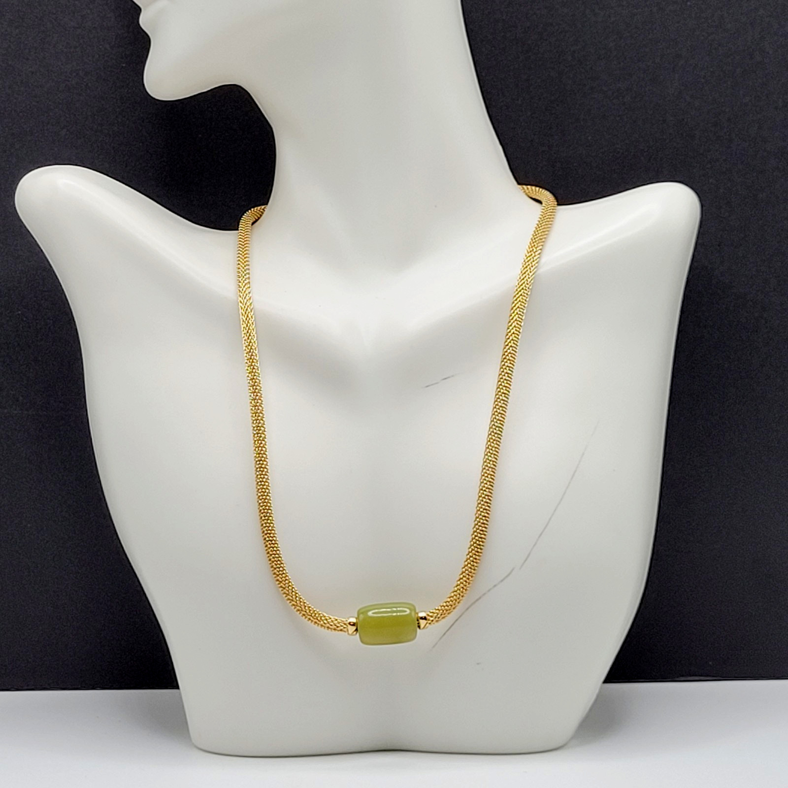 Crown Trifari Mesh Choker Necklace Lime Green Lucite Fixed Barrel Pendant 15 in