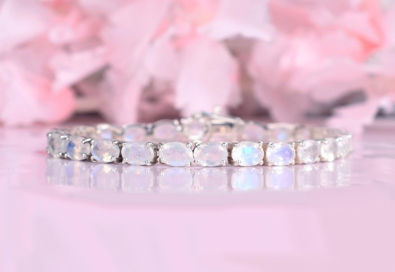 925 Sterling Silver Natural rainbow Moonstone tennis Bracelet Love Gift sb-1