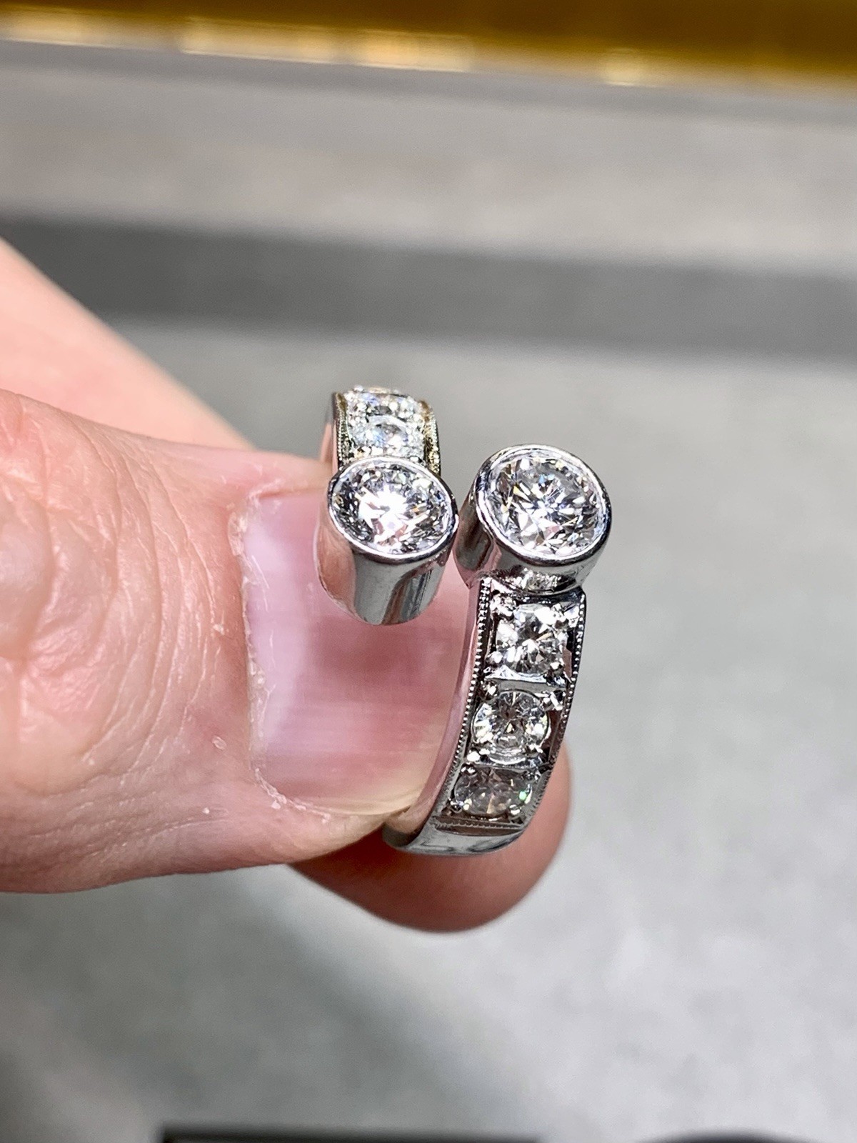 Estate Heavy Platinum Bezel Set Diamond Bypass Cocktail Ring G Vs