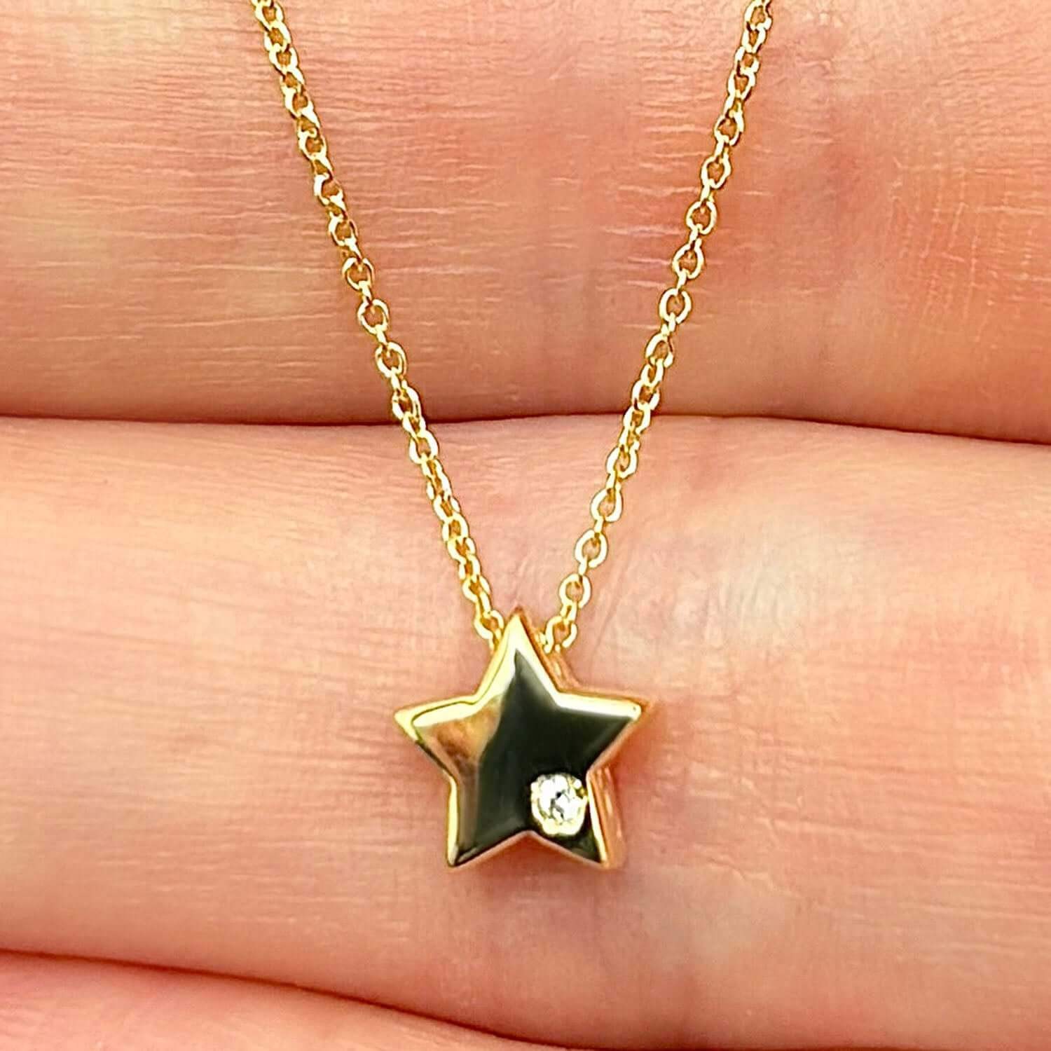 14K Gold Yellow .05Ct Real Diamond 6.5mm Star Charm Necklace 18″