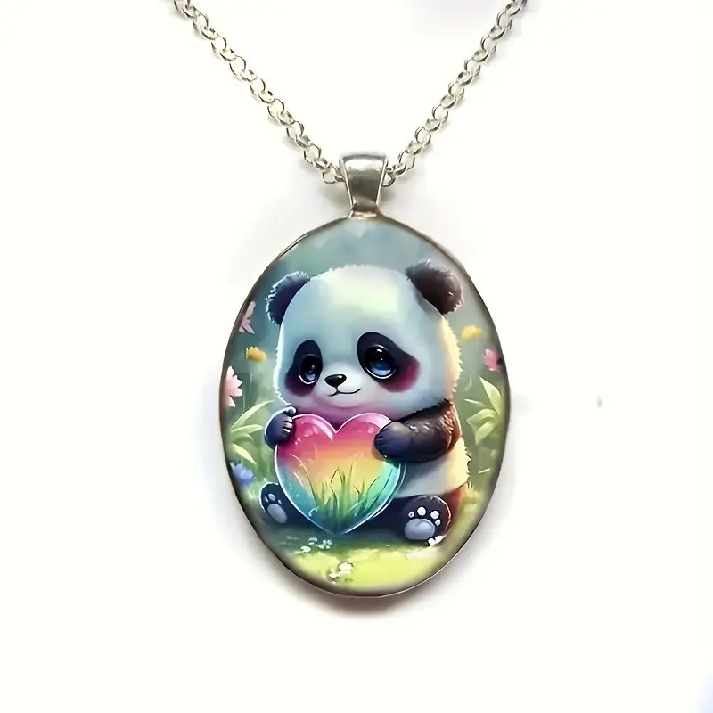Cute Panda Oval Jewelry Vintage Silvery Nature Bear Love Animal Pendant Necklace