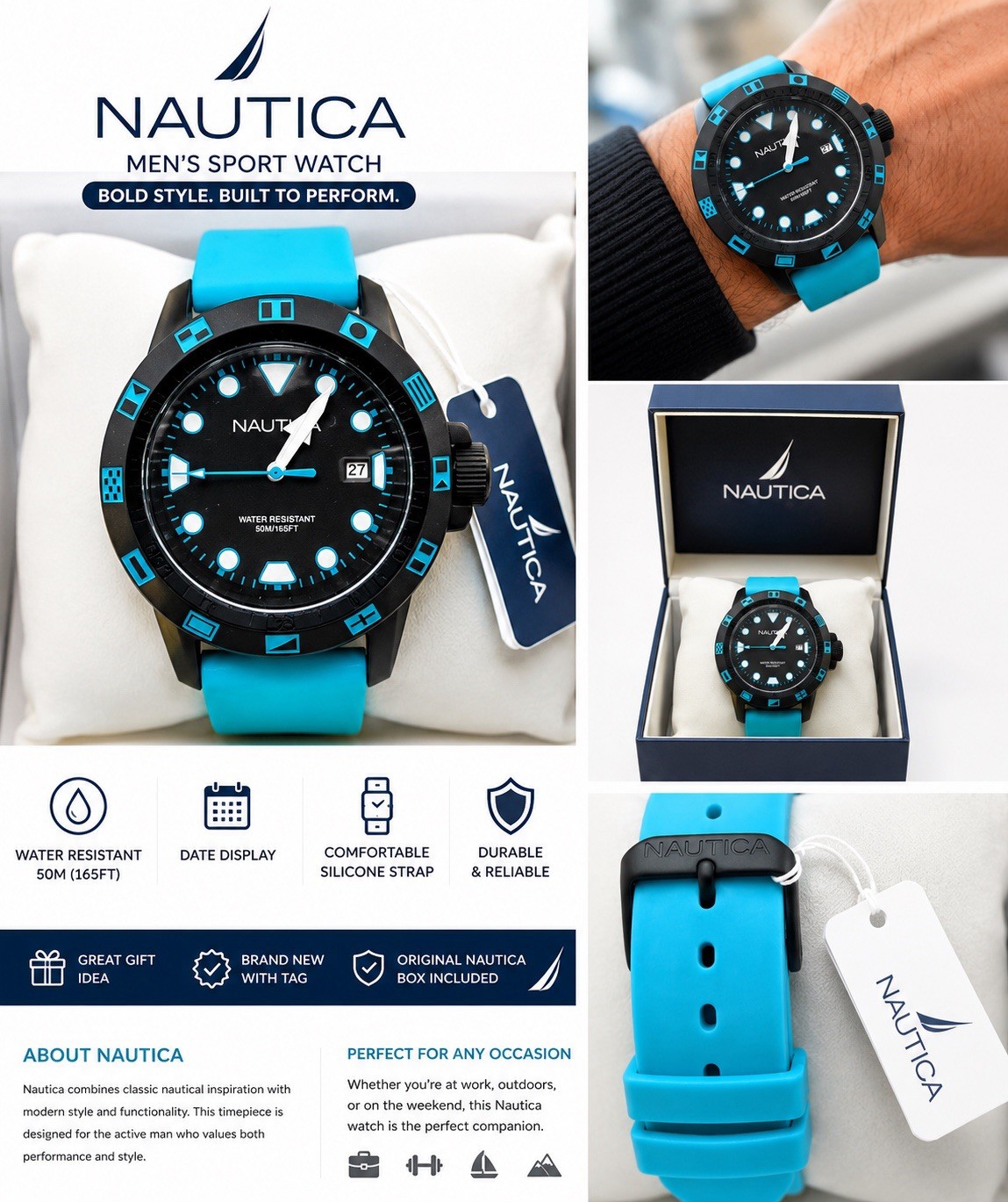Nautica Men’s Sport Quartz Date Black Dial Blue Silicone Strap 50mm 50m Box