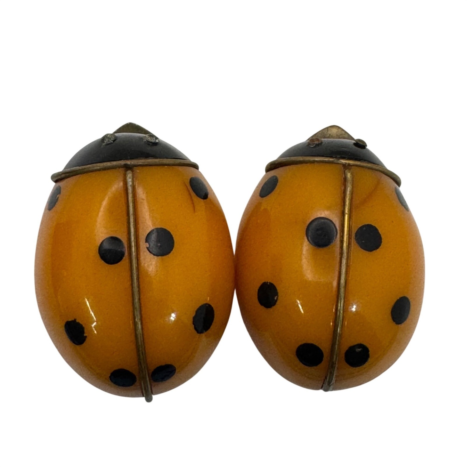 Bakelite Ladybug Shoe Clips Brooches RARE 1.5″ Vtg Yellow Polka Dotted Orange
