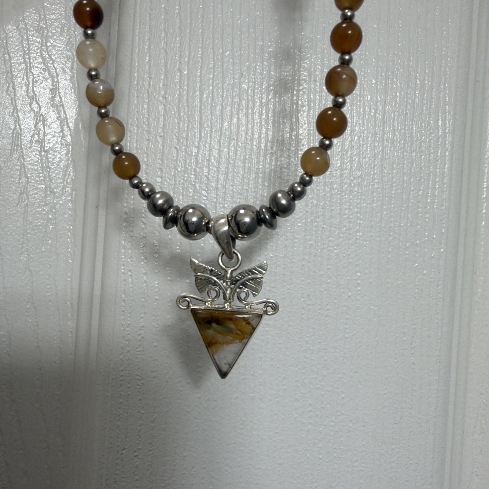 Handmade Coffee Agate Bead Necklace With Unique Sterling Silver Pendant 18-20in