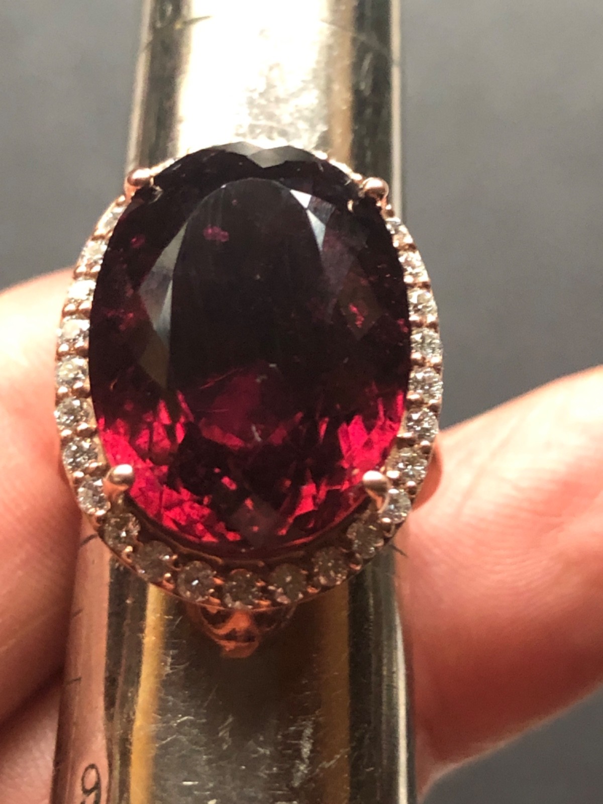 14K Pink Gold Large 21.43 ct. Rubellite Ring Diamond Halo .75 ct . T.W.11.70 grm