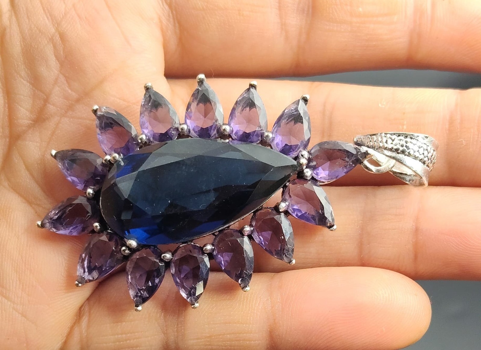 London Blue Topaz & Amethyst Gemstone Pendant 925 Sterling Silver Jewelry