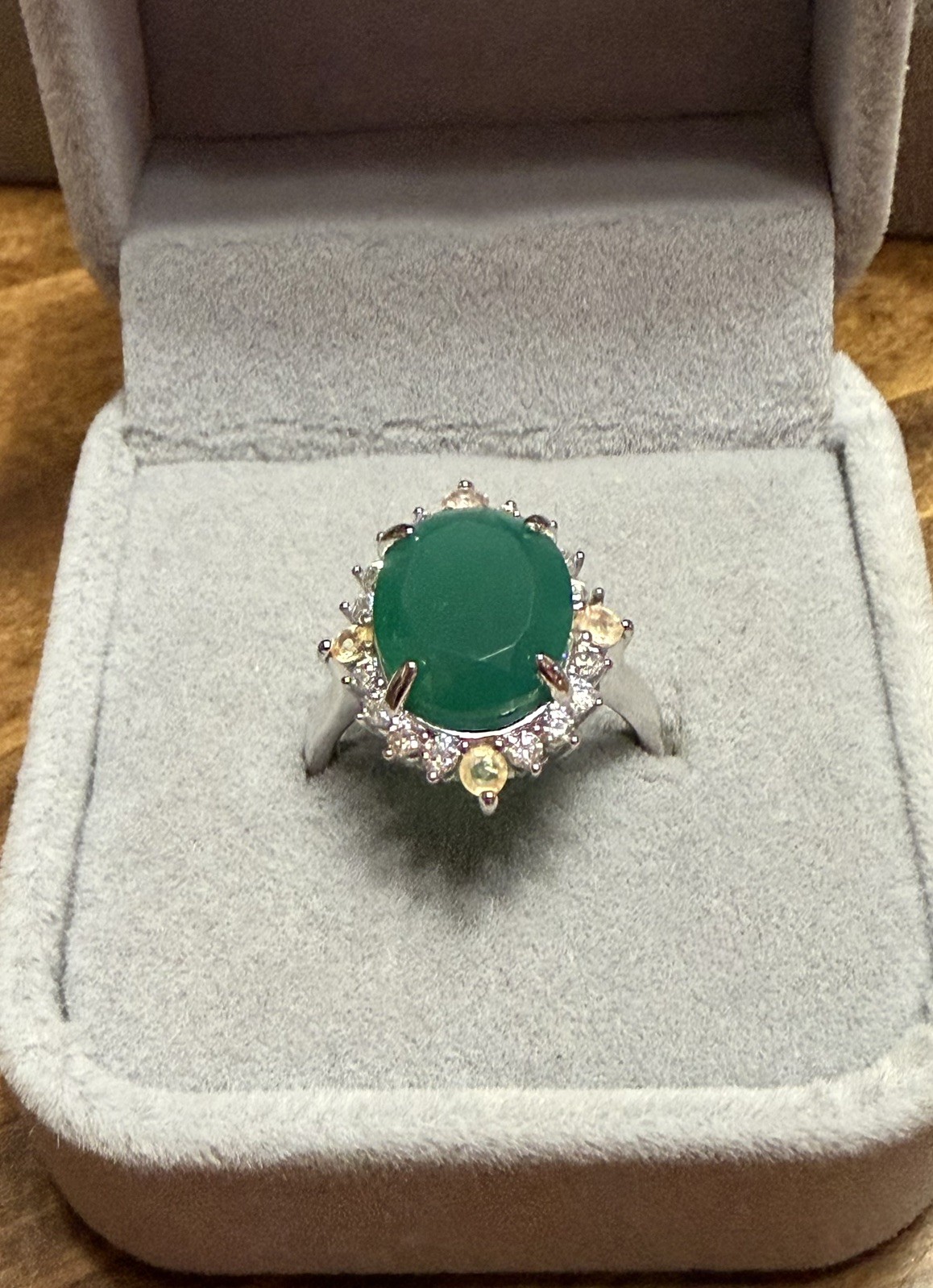 Stunning Natural Green Agate 4CT Sapphire & Zircon 925 Sterling Silver Ring Sz 6