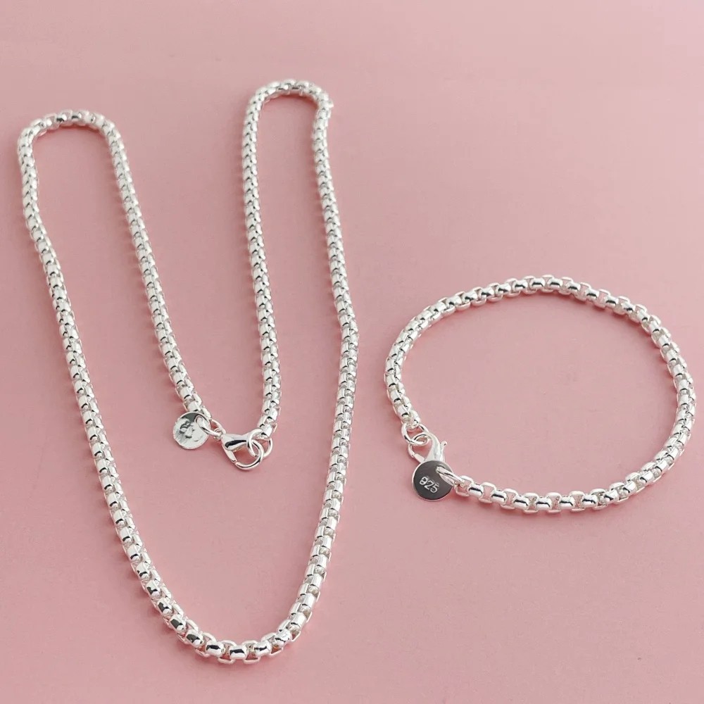 925 Sterling Silver Round Box Chain Necklace Bracelet Jewelry Set for Men Women
