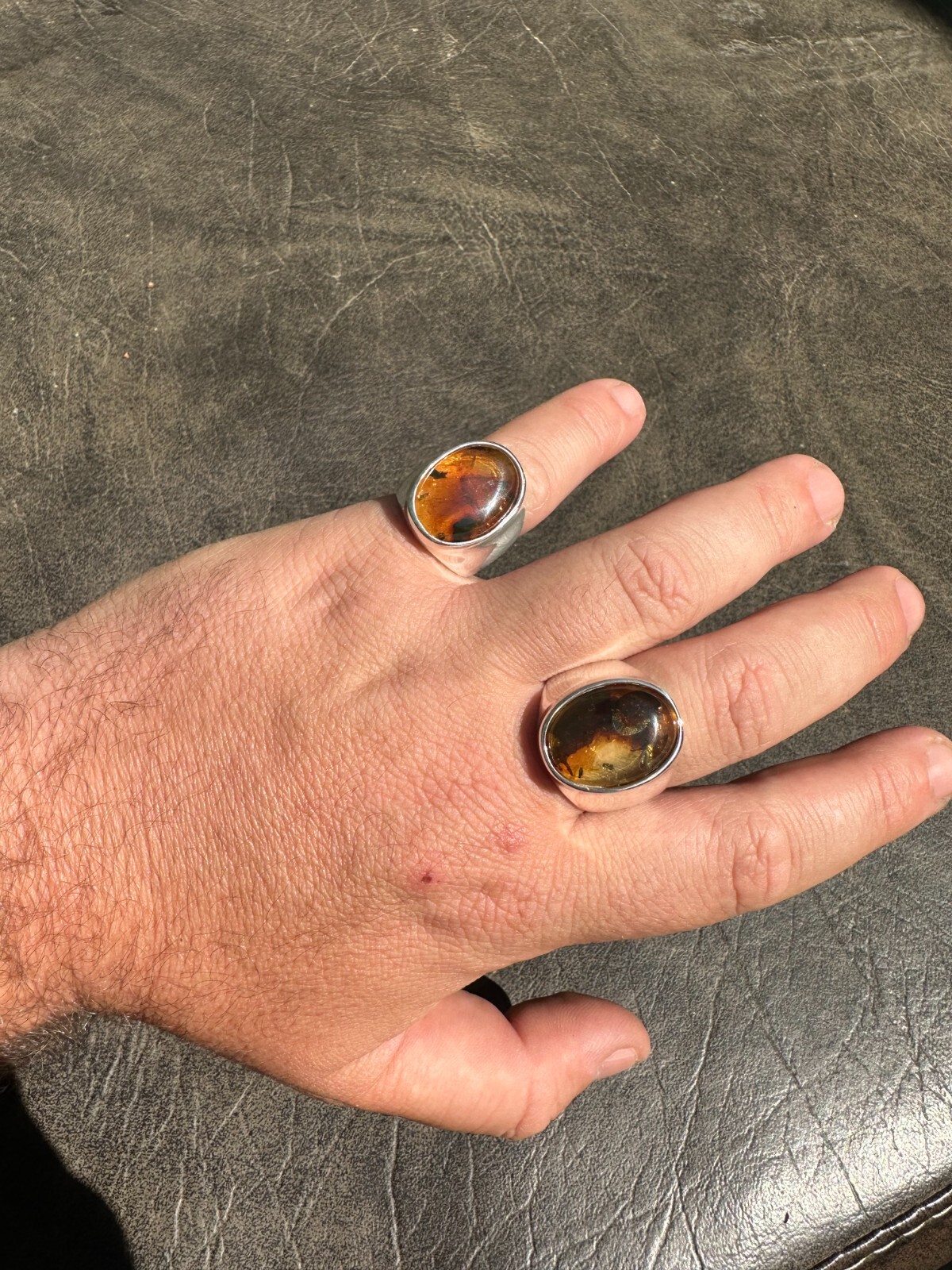 Large Genuine Baltic Amber Stone Mens Real Solid 925 Sterling Silver Signet Ring