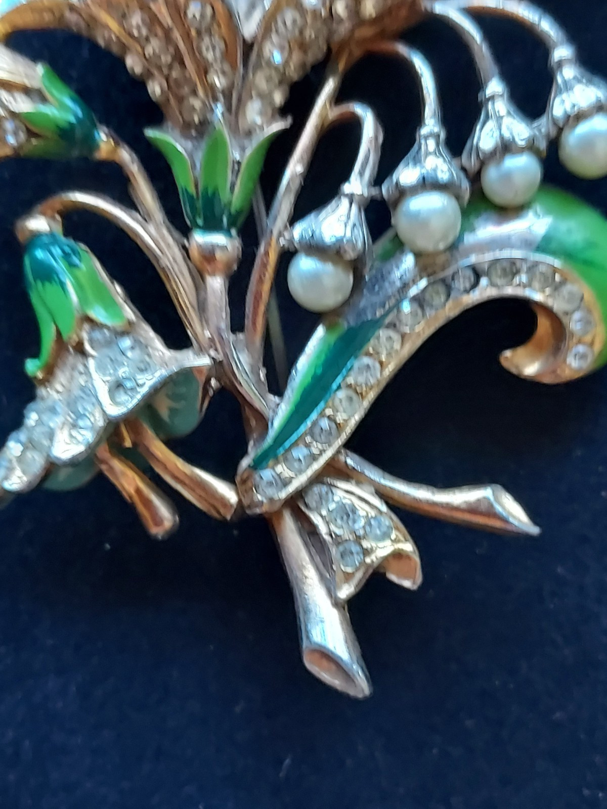 Vintage Blue Green Enamel Rhinestone Pearl Flower Brooch Pin “B” Boucher?