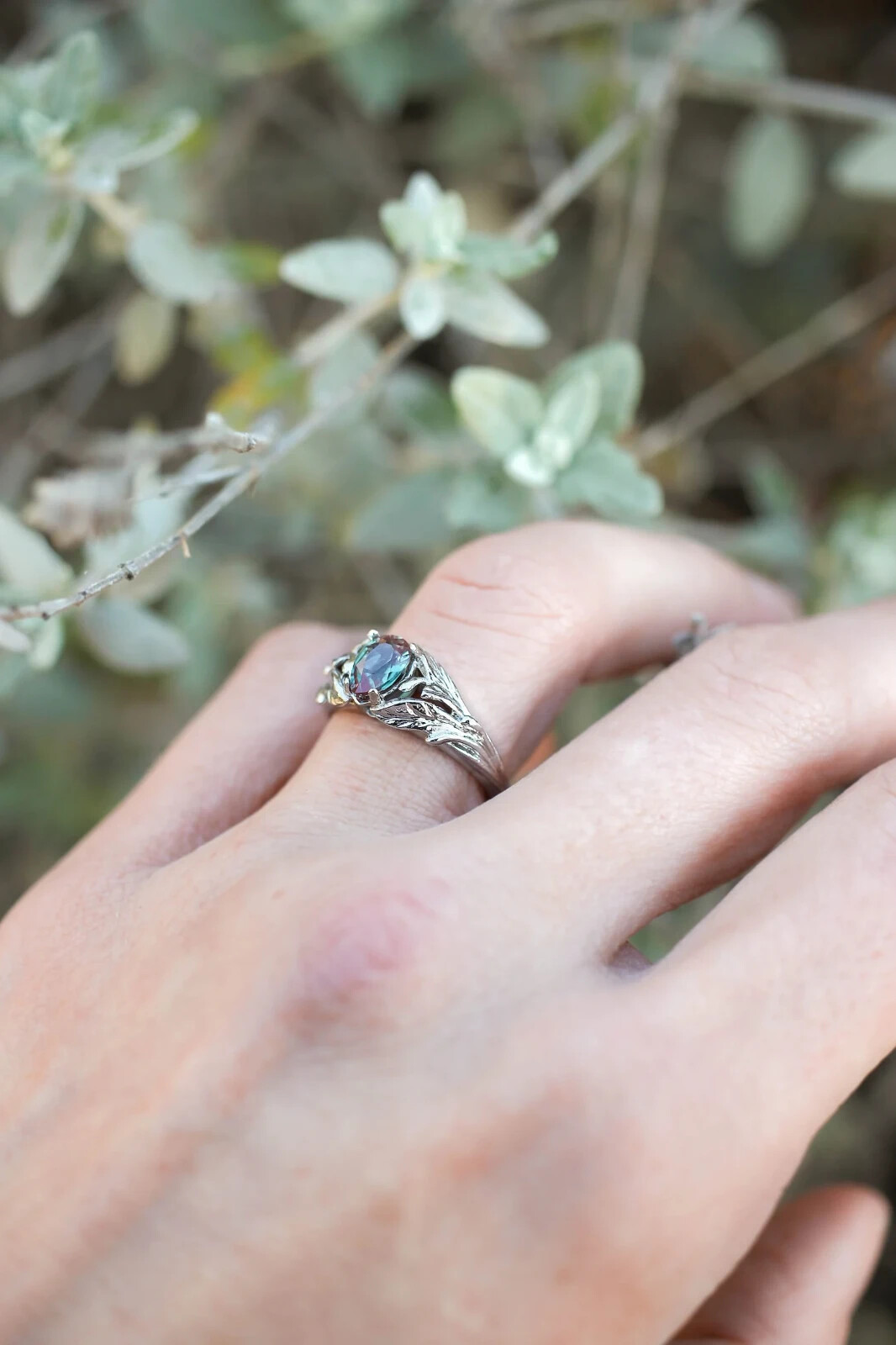Alexandrite ring, engagement ring, 925 Sterling Silver, leaves Shape ring