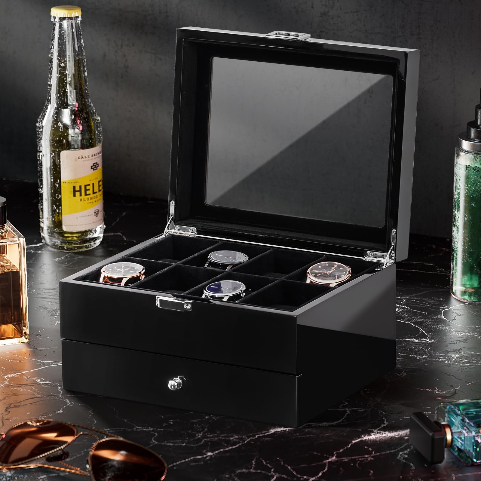 ProCase Wooden Watch Case, 8 Slot Mens Watch Box with Drawer, 2-Layer Mens Jewel