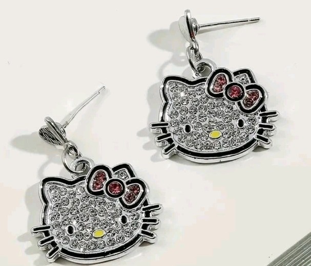 Rinestones Embellished Hello Kitty Stud Earrings, Silvertone, Dainty, Dangle