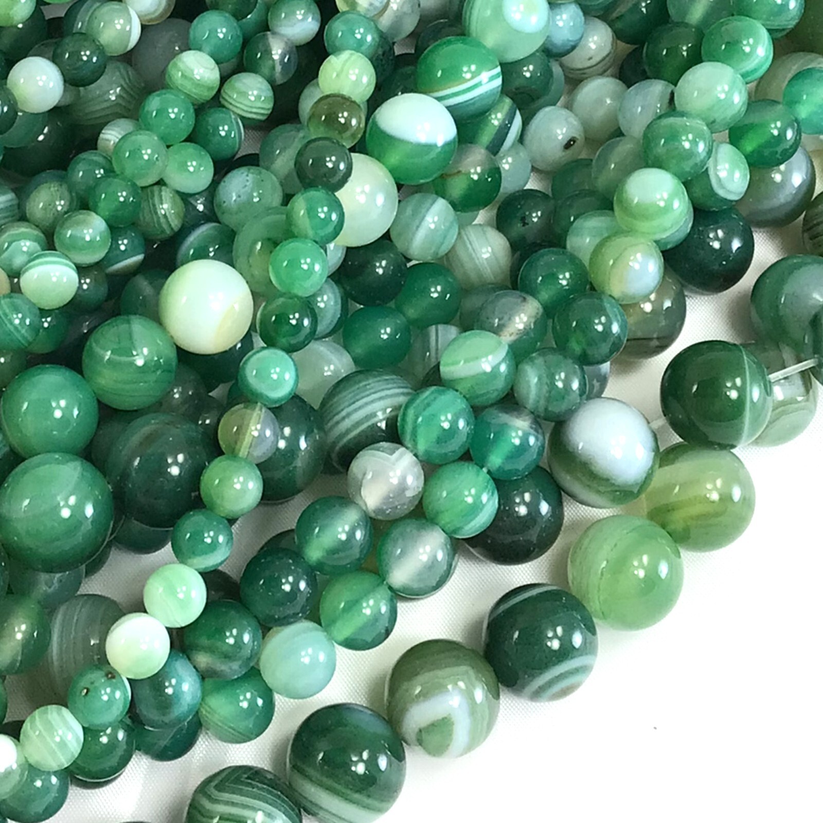 Gemstone Natural Evergreen Green Stripe Agate Round Loose Bead 15 Jewelry Making