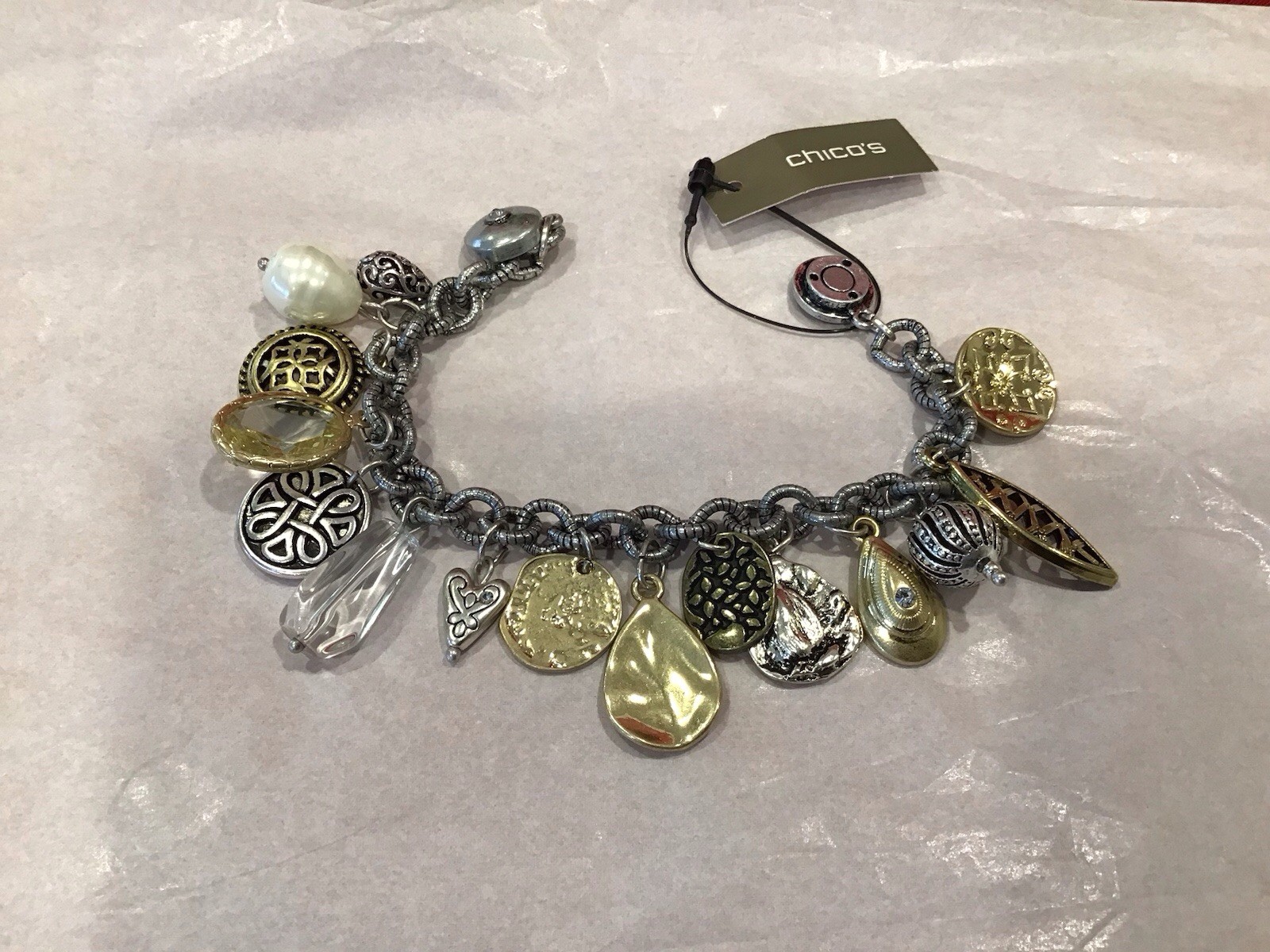 NWT~ Chico’s Charm Bracelet Silver Gold Coin Beads Crystals Magnetic Closure