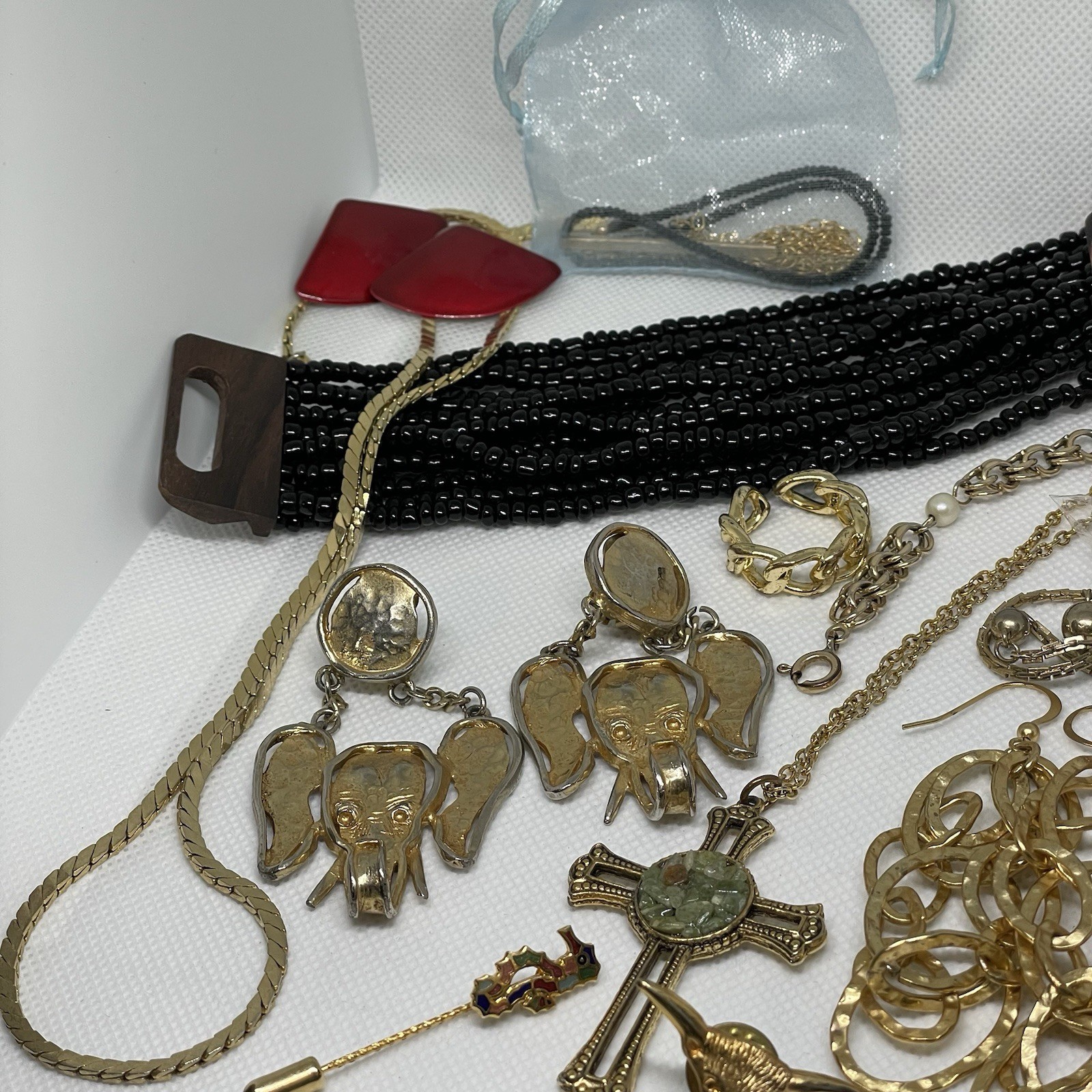 Artsy Costume Jewelry Lot 1/20 14K GF Bracelet Elephant Clip Ons Beads Boho Tin