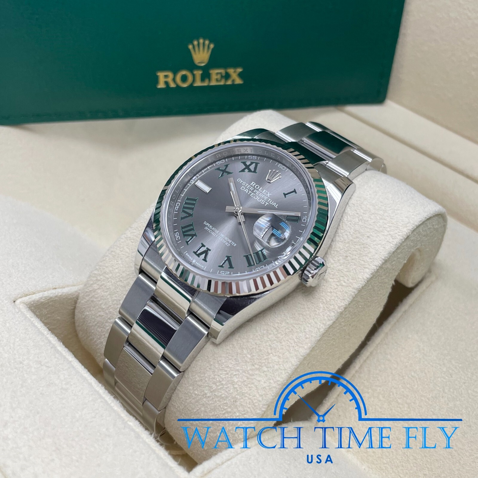 Rolex Datejust 36mm 126234 Fluted Bezel Wimbledon Rhodium Roman Dial Oyster Band
