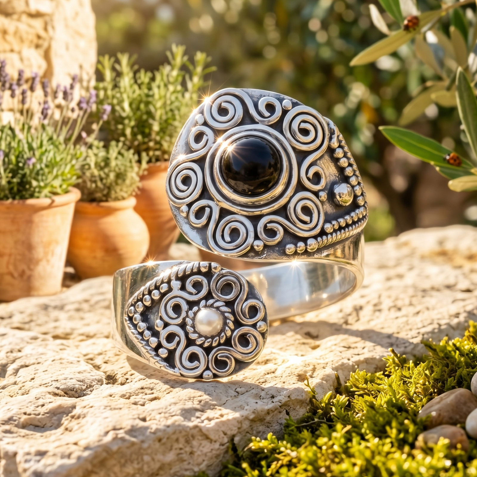 Dark Beauty Black Onyx Wrap Ring 925 Oxidized Silver Adjustable Sizes 6-10