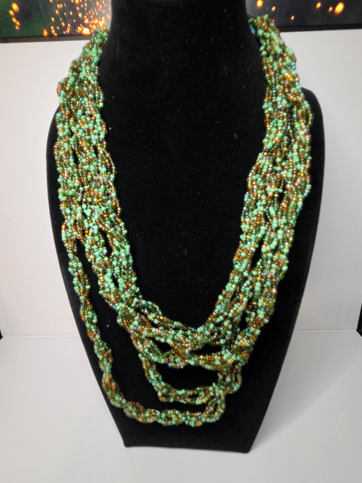 Vintage Multi Strand Green Gold Glass Seed Bead Necklace Statement Boho