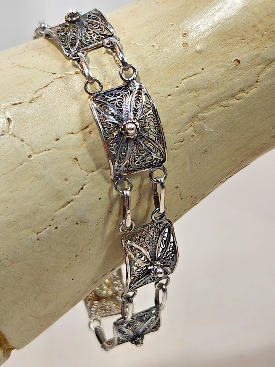Topazio Portugal Link Articulated Filigree 925 Sterling Silver Bracelet 7.25in