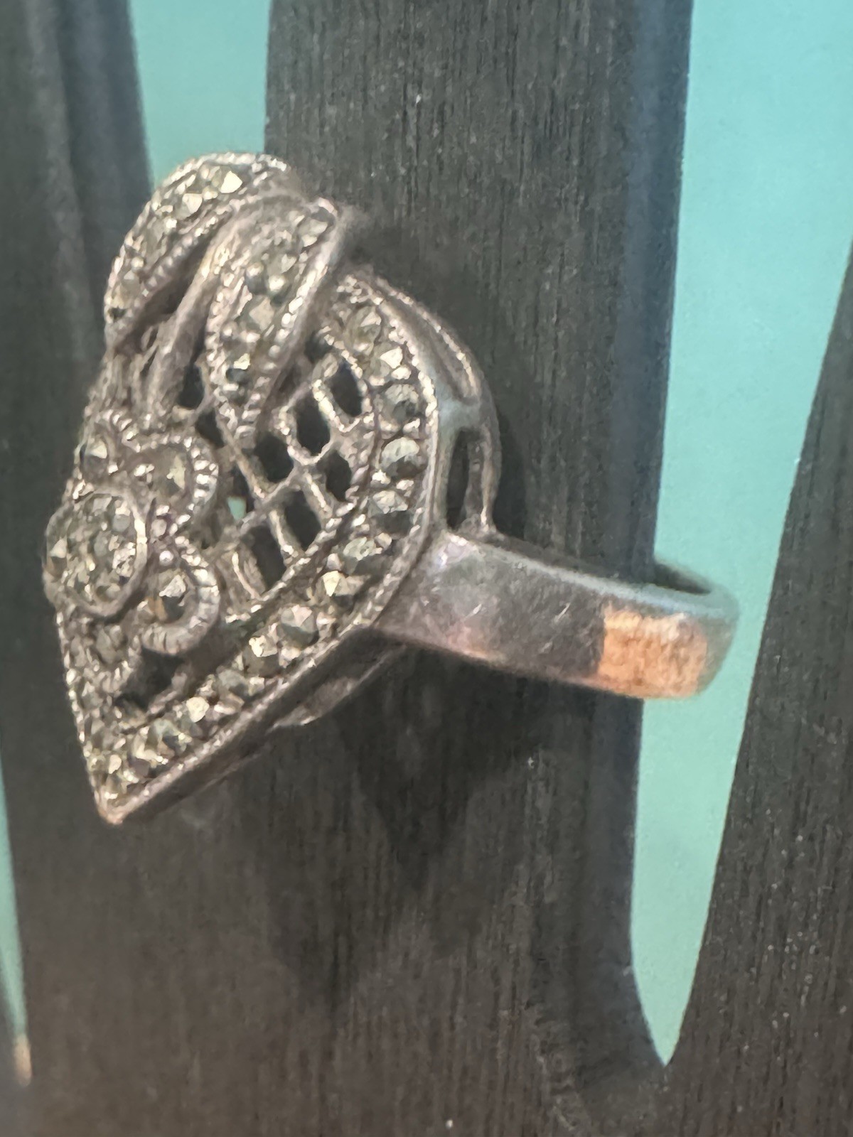 Vintage 925 Sterling Silver Marcasite Heart And Floral Ring Size 6.75