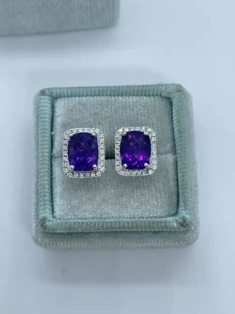 Cushion Cut Simulated Amethyst Gorgeous Halo Stud Earring 14k White Gold Plated
