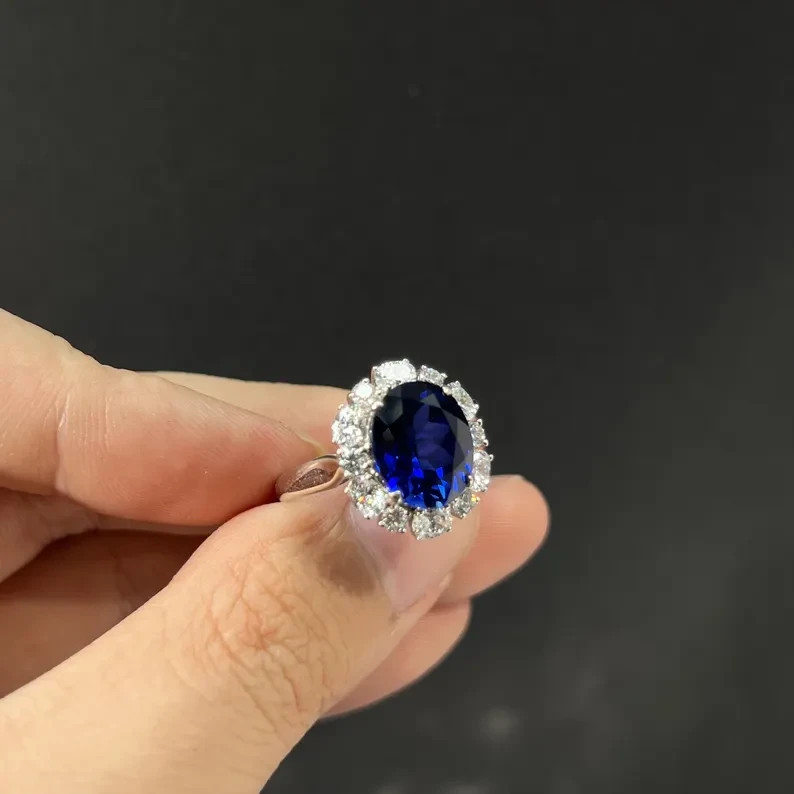 3.40 Ct Oval Natural Sapphire & Diamond Engagement Ring 14K White Gold Size 6