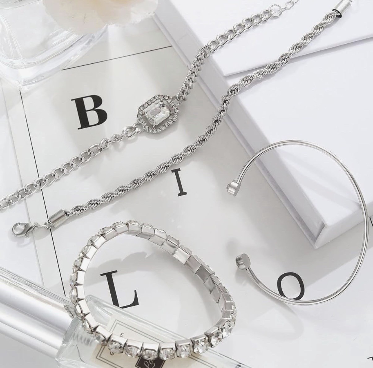 4PCS Dainty Silver Bracelets Set Women 14K Silver Plated CZ Paperclip Link Chain