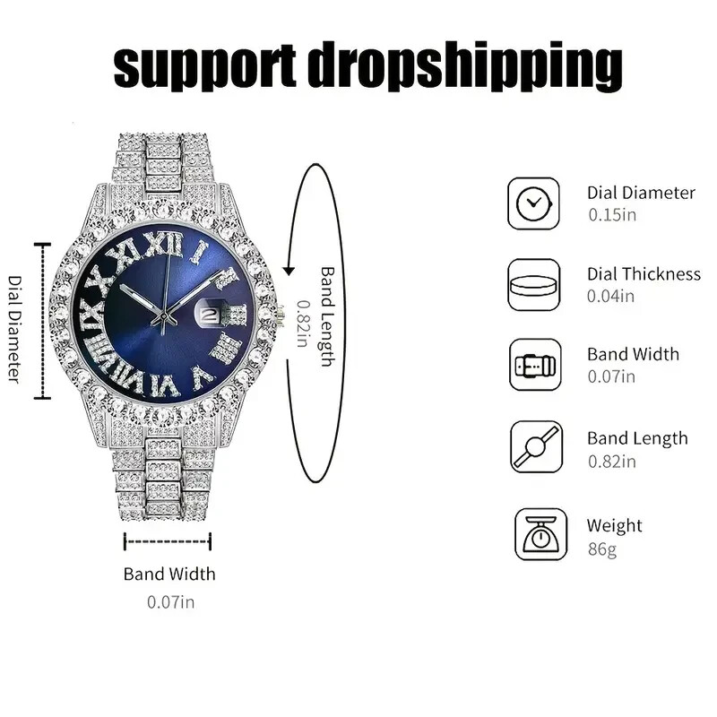 Hip Hop Iced Bling Silver Finish Rapper Blue Dial Metal Simulated Diamond Watch