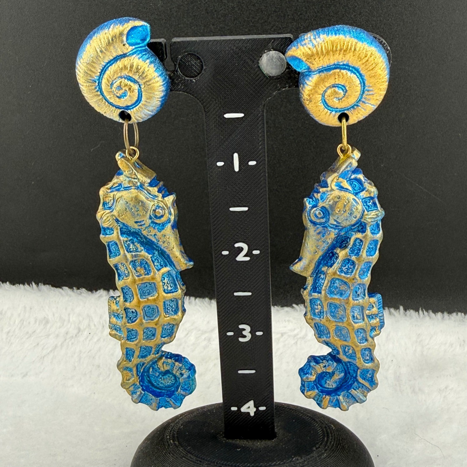 Vintage Seahorse Earrings Blue Nautical Shell Statement Jewelry