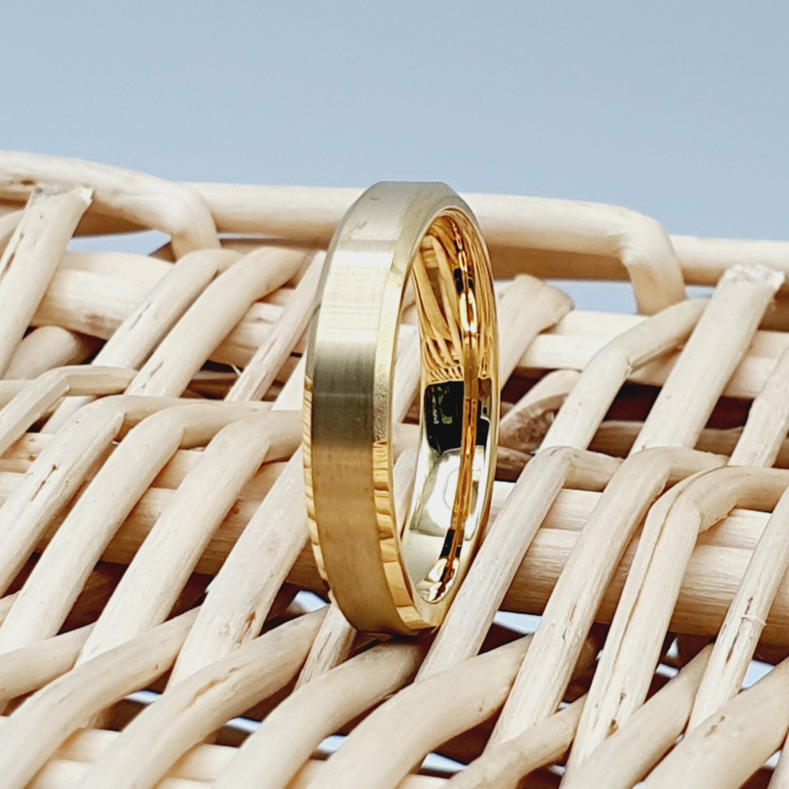 Engraved Ring Stackable Engagement Ring Yellow Gold Tungsten Wedding Band