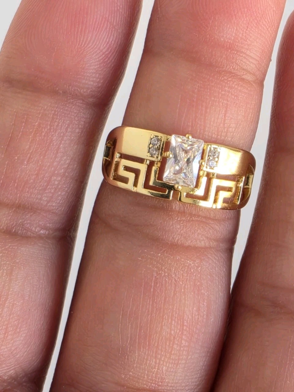 Gold Plated 14K Tone Greek Key CZ Ring Princess Cut Size 7 Statement Band