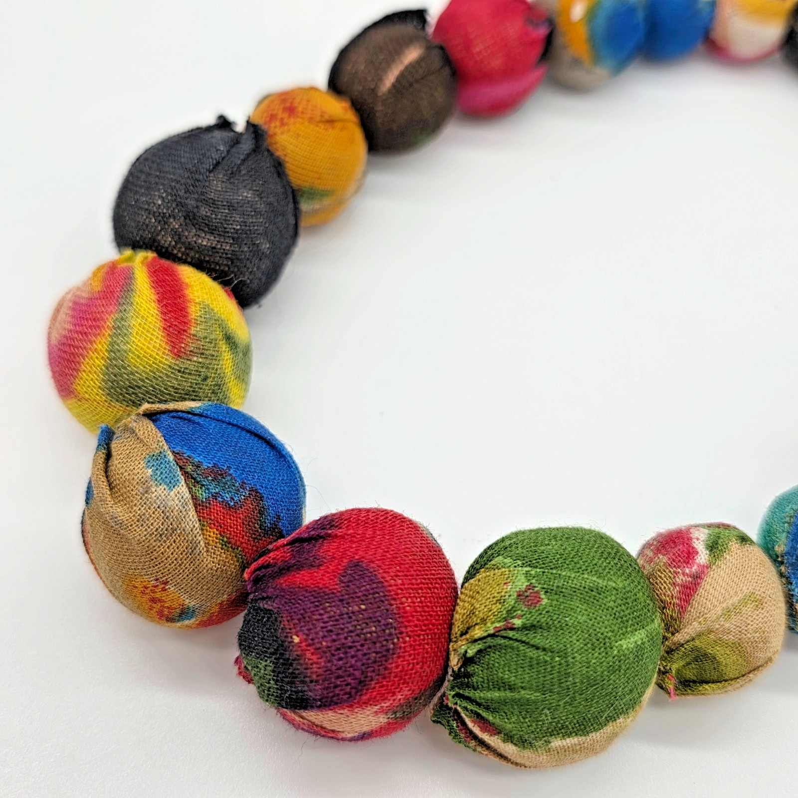 Plunder Kantha Fabric Wrapped Graduated Bead Necklace Multicolor 20”