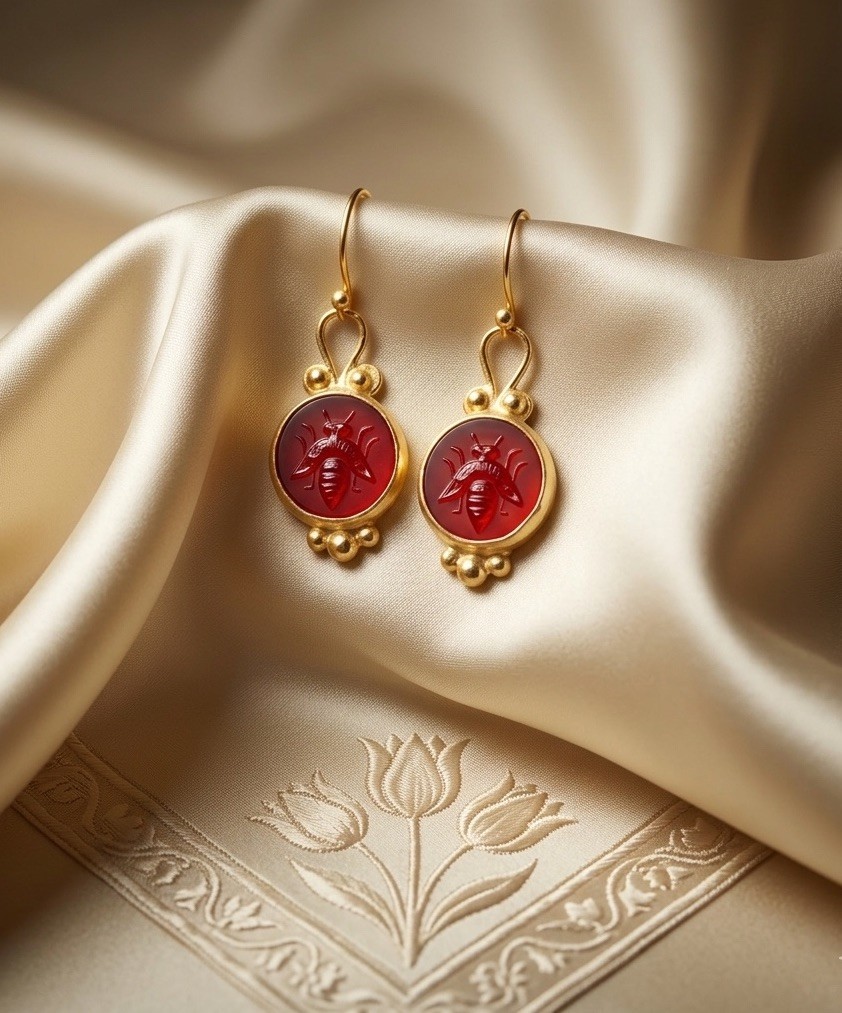 Museum Intaglio Bee Earrings Gold VTG Insect Bug Antique Boho Cottagecore Carved