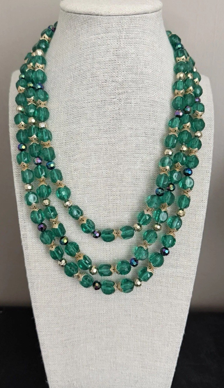 Hong Kong Vintage Vibrant Green Bead Triple Strand Necklace~Signed