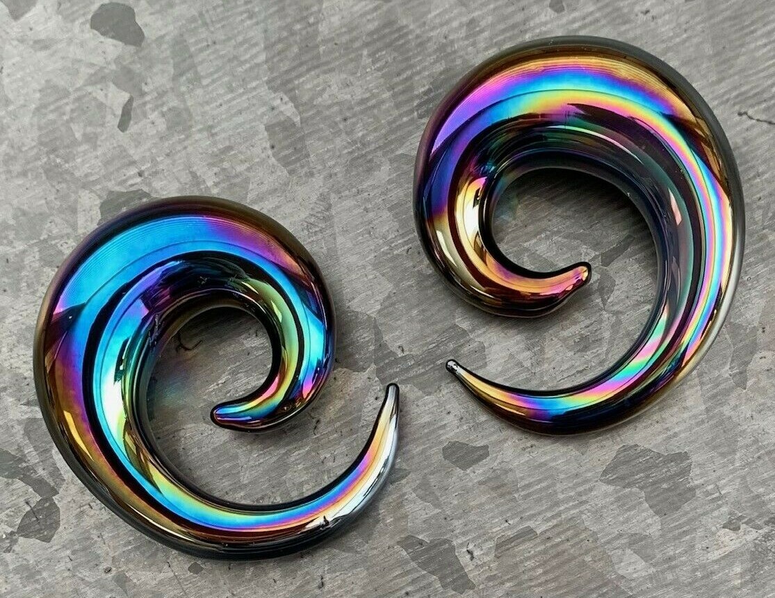 PAIR Black Lucifer Glass Spiral Tapers Expanders Plugs Gauges Body Jewelry