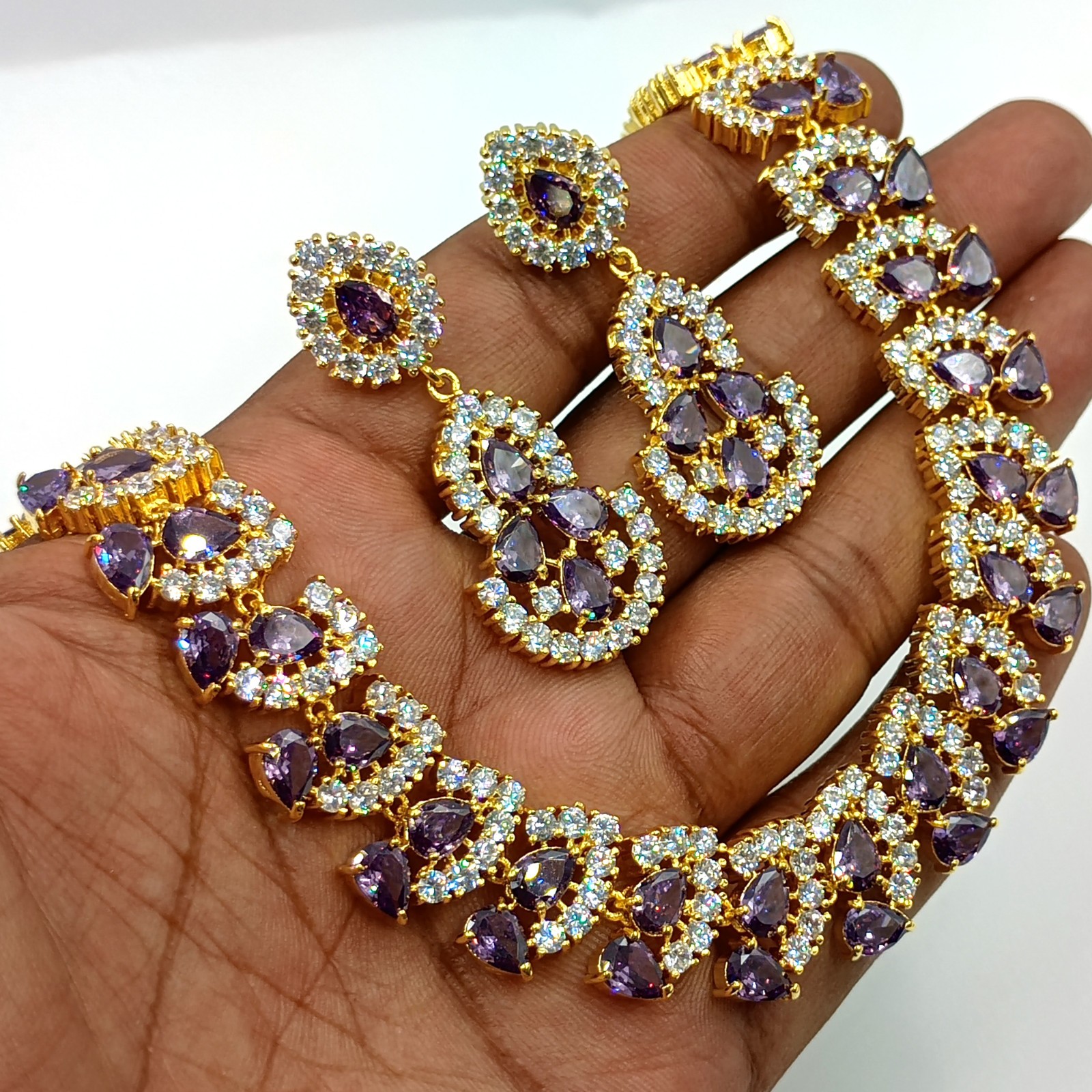 Amethyst Stone Necklace Set 22k Gold Plated Statement Ethnic Party Wear Jewelry