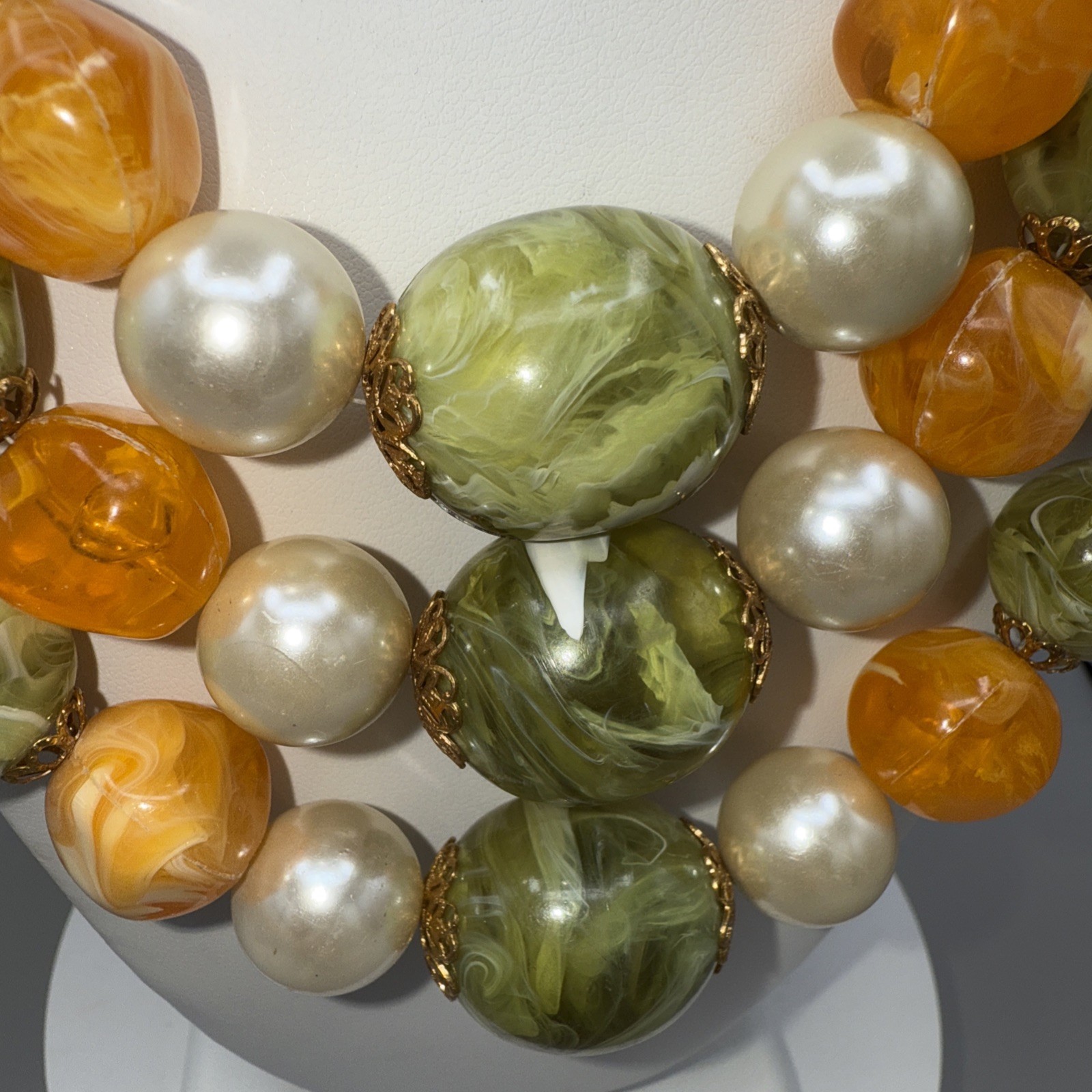 Vintage 3 Strand Yellow Green Pearl Lucite Acrylic Necklace 14”,16”,18” Loose