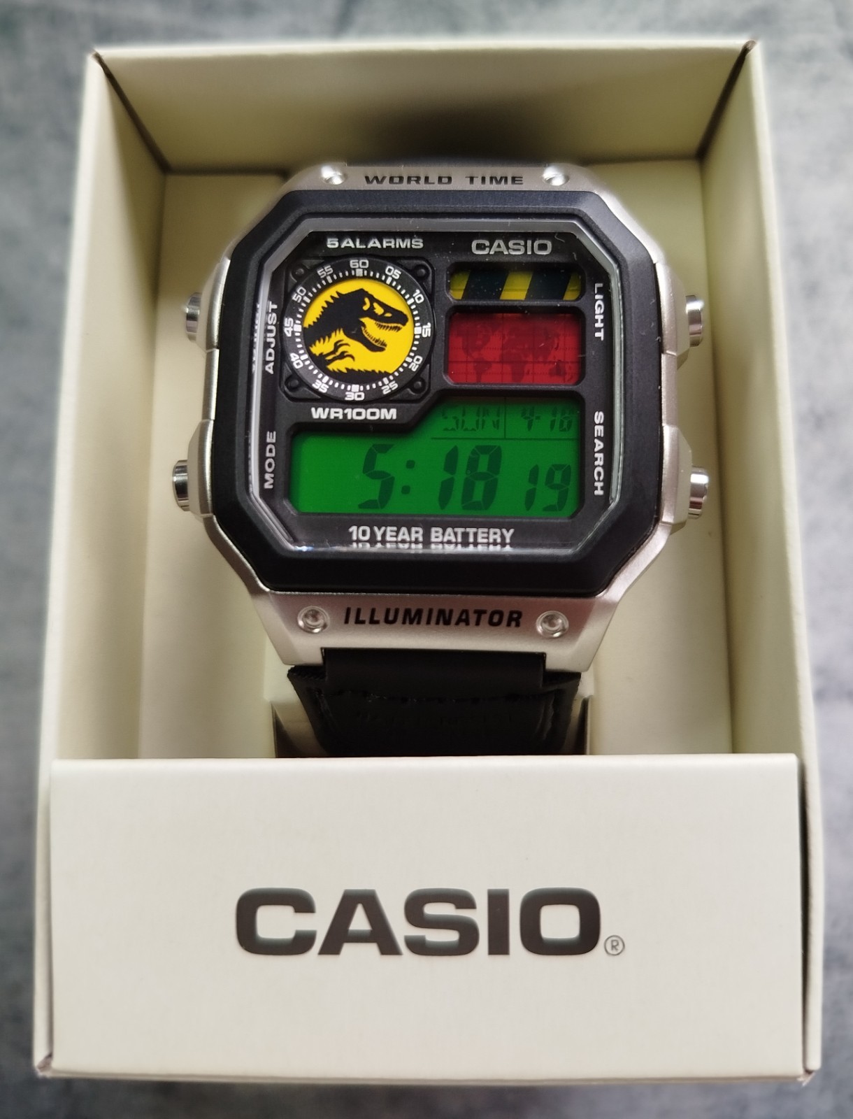 Custom Casio AE1200 World Time Jurassic Inspired Mod Green NATO Strap