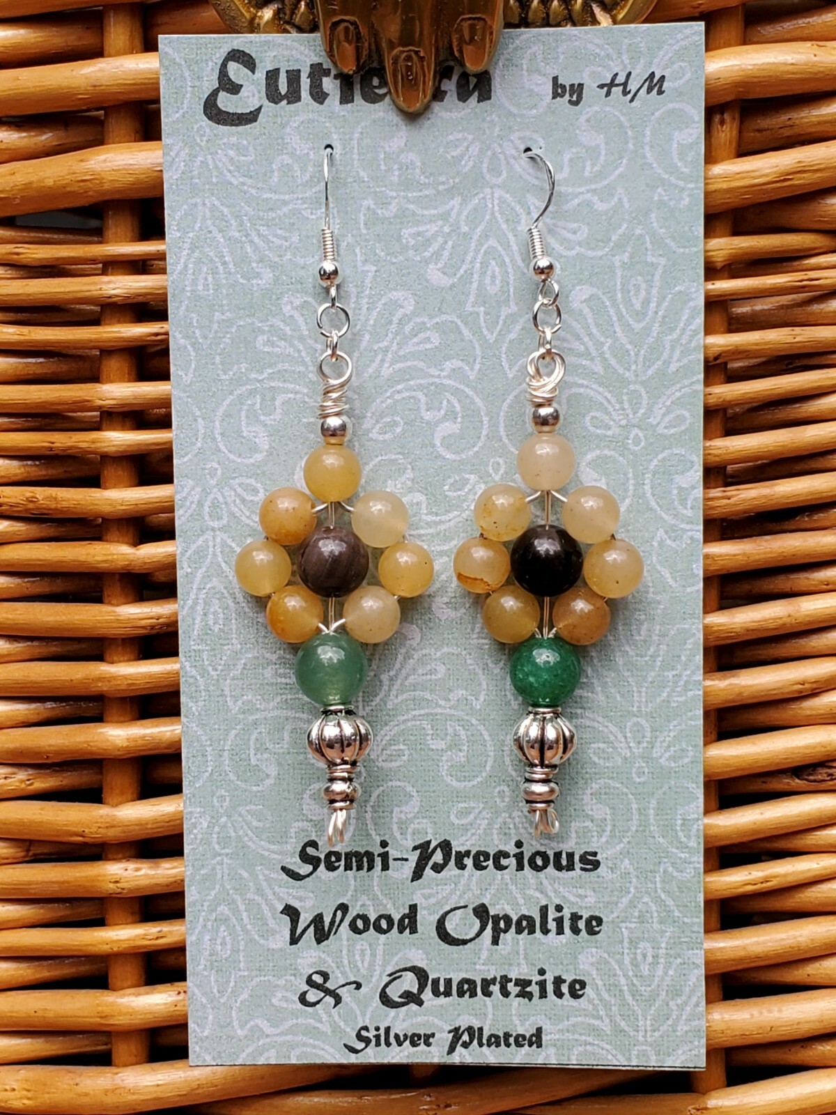 Eutierra Semi-Precious Wood Opalite & Quartzite Earrings Hand Crafted In USA 3″